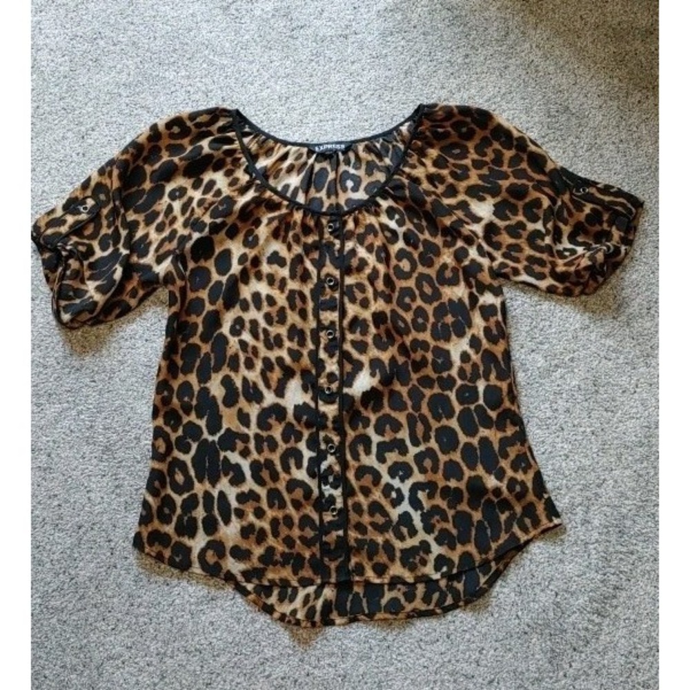 Y2K Express Leopard Print Button Up Top Blouse Roll Tab Sleeves Size X Small